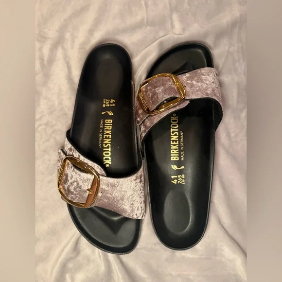 Birkenstock New w/o Box Madrid Big Buckle Rivet Logo Taupe Grey Velvet Exquisite - Picture 9 of 10